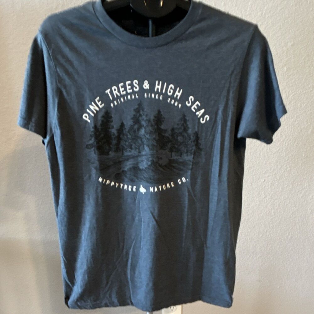 HippyTree Pine Trees & High Seas Men's Blue Graphic T-Shirt Medium Short Sleeve